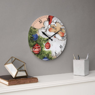 Grande Horloge Ronde Père Noël de Noël vintage avec ornements d'arbre