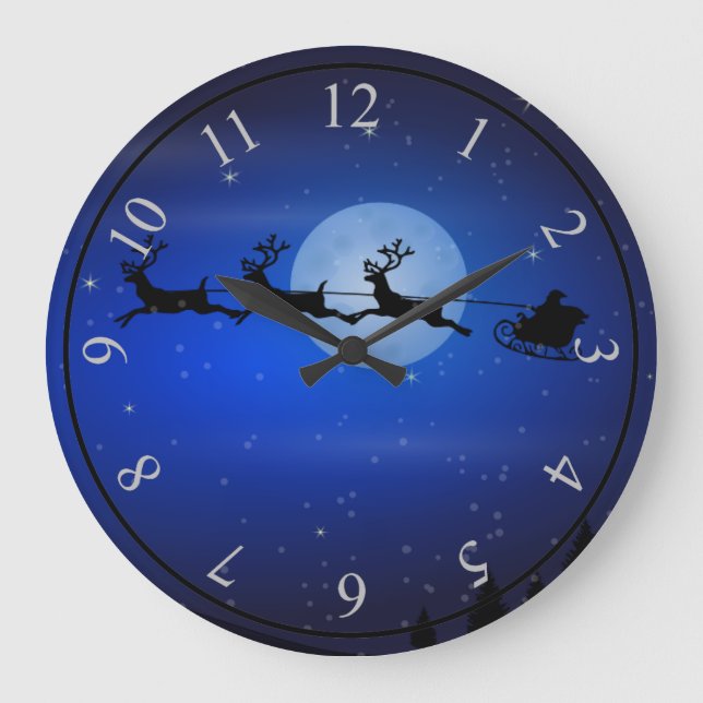 Grande Horloge Ronde Père Noël et ses rennes volant la nuit (Recto)