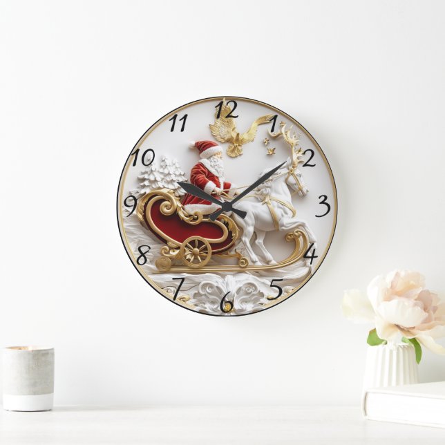 Grande Horloge Ronde Père Noël fait son traîneau en hiver (Maison)