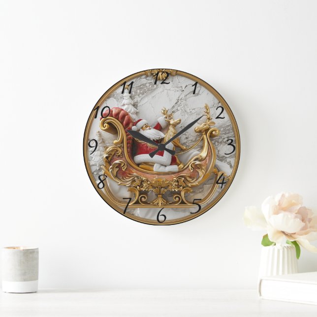 Grande Horloge Ronde Père Noël fait un traîneau avec rennes (Maison)