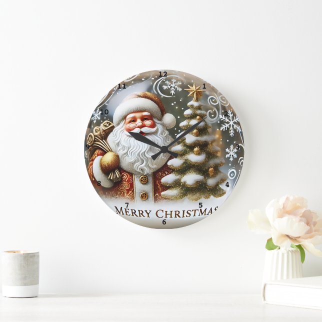 Grande Horloge Ronde Père Noël Festive Cheer" - Mur de Noël classique (Maison)