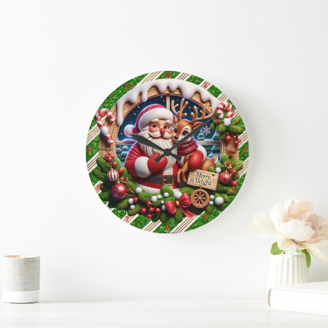 Grande Horloge Ronde Père Noël Festive Ride" - Joyeux Mur de Noël (Maison)