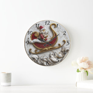 Grande Horloge Ronde Père Noël glissant dans un traîneau festif