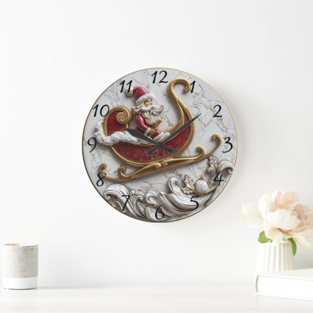 Grande Horloge Ronde Père Noël glissant dans un traîneau festif (Maison)