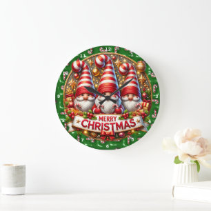Grande Horloge Ronde Père Noël & Gnome Cheer" - Mur de Noël Festif
