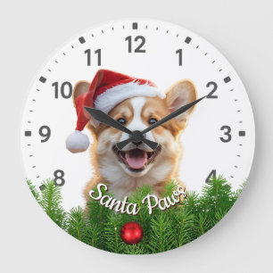 Grande Horloge Ronde Père Noël Paws Corgi avec guirlande de Noël