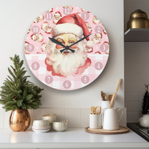 Grande Horloge Ronde Père Noël Rétro à carreaux rose et blanc Noël
