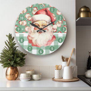 Grande Horloge Ronde Père Noël Rétro Carreaux Verts et Blancs Noël