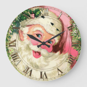 Grande Horloge Ronde Père Noël rose vintage pour Noël