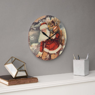 Grande Horloge Ronde Père Noël victorien de Noël vintage dans une chemi