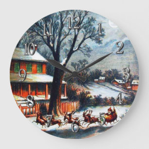 Grande Horloge Ronde Père Noël vintage et rennes Visite du Père Noël