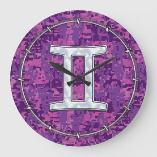 Grande Horloge Ronde Perle comme Gemini Zodiac Symbole Camouflage numér