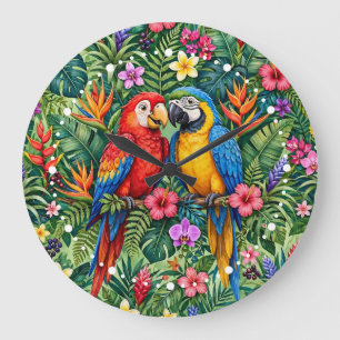 Grande Horloge Ronde Perroquets de la jungle Macaws Fleurs Vibrantes Jo
