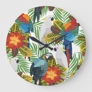 Grande Horloge Ronde Perroquets tropicaux, motif vintage sans soudure.