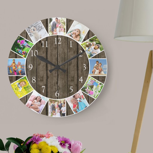Grande Horloge Ronde Personalized 12 Photo Collage Dark Wood Round (Photo clock with 12 photos, one at each hour. Great design for your home or a thoughtful photo gift.)
