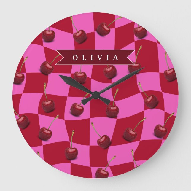 Grande Horloge Ronde Personalized Cherry Gingham Retro Custom Name (Recto)