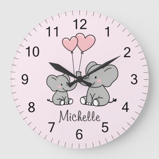 Grande Horloge Ronde Personalized name Cute Elephant Mom & Baby Pink    (Recto)