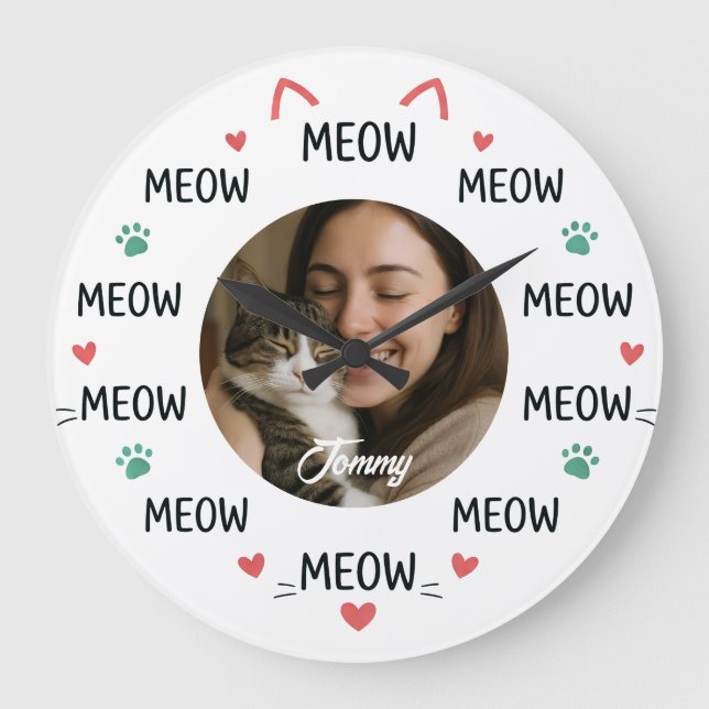Grande Horloge Ronde Personalized Pet Photo Wall Clock with 'MEOW'  (Recto)