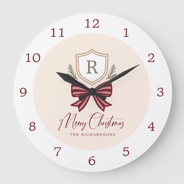 Grande Horloge Ronde Personalized Rustic Monogram Crest Bow Christmas  (Recto)