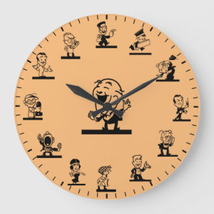 Grande Horloge Ronde Personnages de dessin animé rétro sur fond noir
