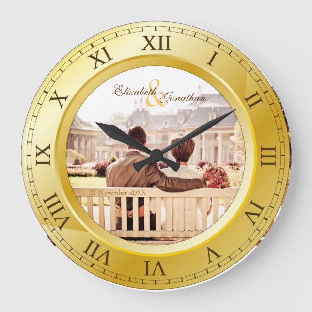 Grande Horloge Ronde Personnalisable Anniversaire Mariage Gold Roman Ph (Recto)