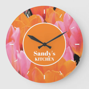 Grande Horloge Ronde Personnalisation de la photo Orange & Pink Tulip