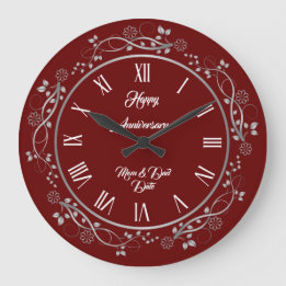 Grande Horloge Ronde Personnalisation Florale Joyeux Argent 25e Anniver