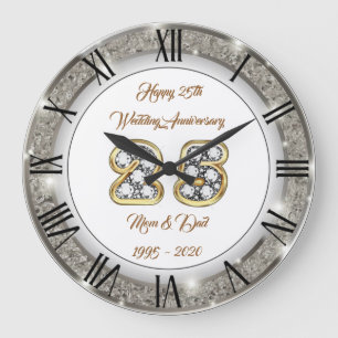 Grande Horloge Ronde Personnalisation joyeuse Argent 25e Anniversaire