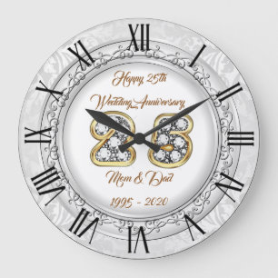 Grande Horloge Ronde Personnalisation Joyeuse Argent 25e Anniversaire