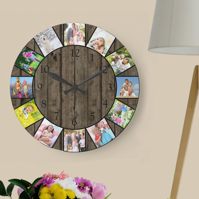 Grande Horloge Ronde Personnalisé 12 Photo Collage Rustique Bois foncé  (Photo clock with 12 photos, one at each hour. Great design for your home or a thoughtful photo gift.)