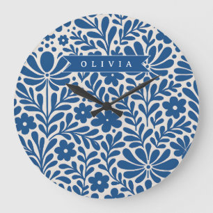Grande Horloge Ronde Personnalisé Floral Folklorique Bleu Nordique Sur 