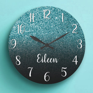 Grande Horloge Ronde Personnalisé Girly Turquoise Paillettes Noir Ombre
