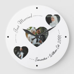 Grande Horloge Ronde Personnalisé Juste Marié Coeur Photo Mariage Mur H