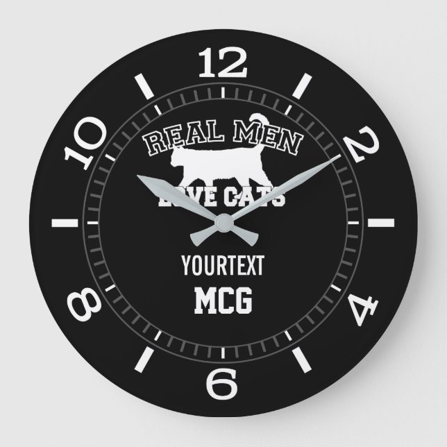 Grande Horloge Ronde Personnalisé Real Men Love Cats Silhouette sur une (Recto)
