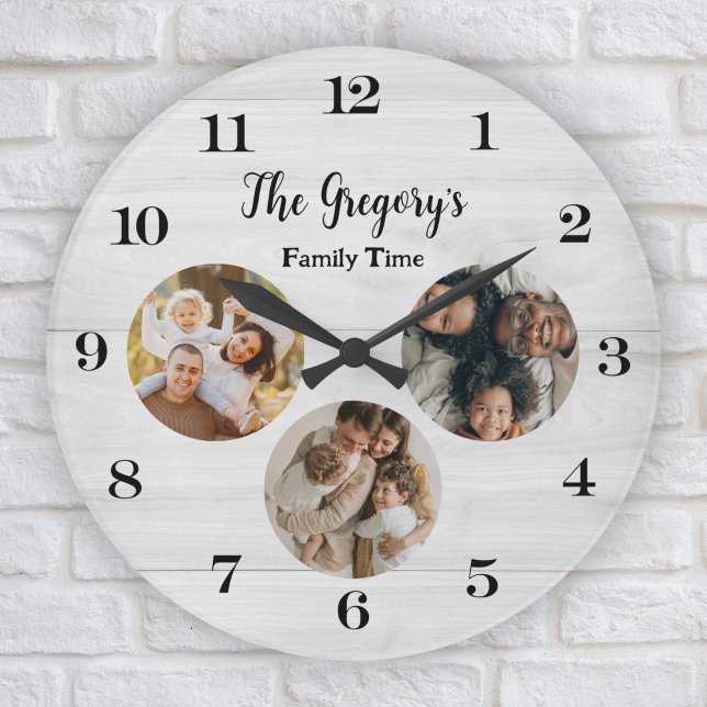 Grande Horloge Ronde Personnalisé Rustic 3 Photo Collage Amusant Temps  (Créateur téléchargé)