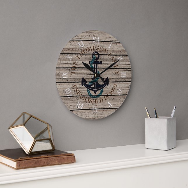 Grande Horloge Ronde Personnalisé Rustic Grey Brown Patiné Plank Motif (Bureau)