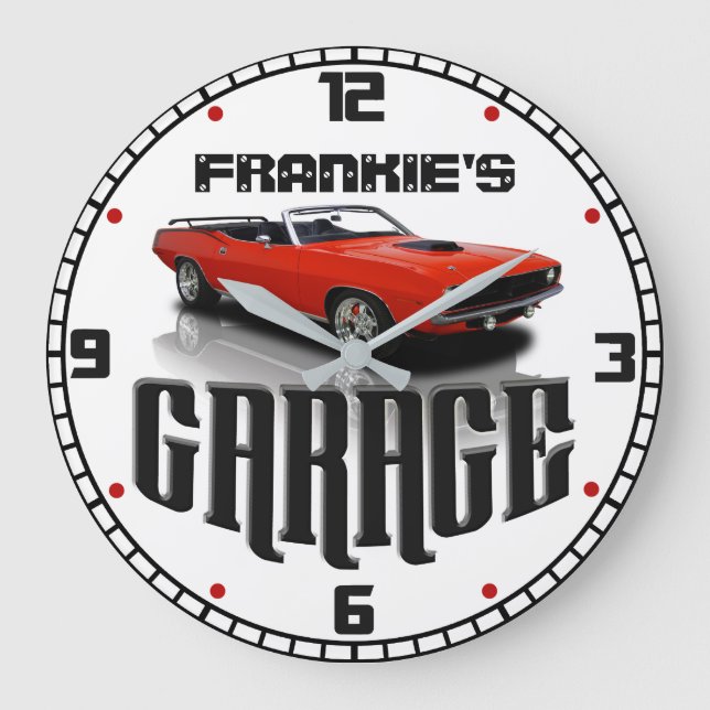 Grande Horloge Ronde Personnalisé VOTRE NOM Plymouth Cuda Car Garage (Recto)