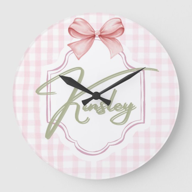 Grande Horloge Ronde Personnalisée Kinsley Baby Girl Nursery Bow&En vic (Recto)