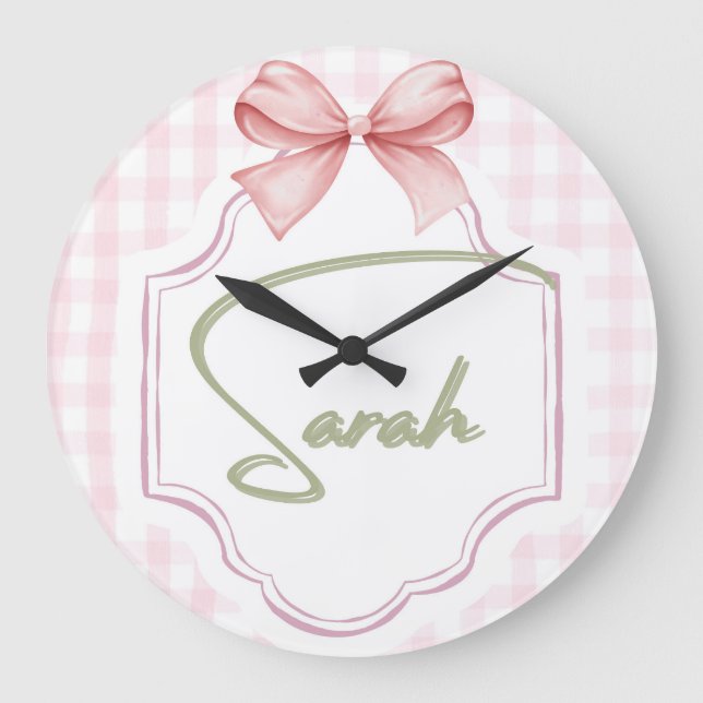 Grande Horloge Ronde Personnalisée Sarah Baby Girl Nursery Bow&En vichy (Recto)