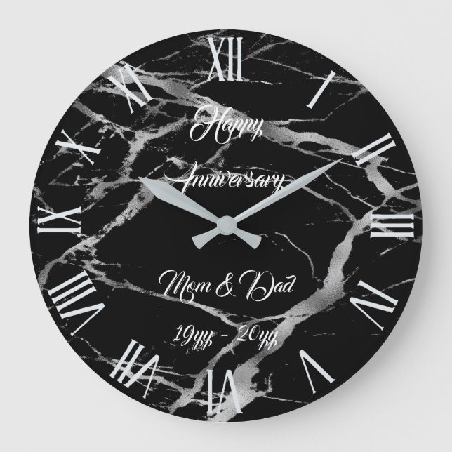 Grande Horloge Ronde Personnaliser de luxe en marbre noir argent (Recto)