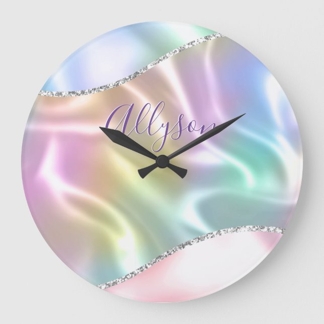 Grande Horloge Ronde Personnaliser le nom Script violet, vague iridesce (Recto)