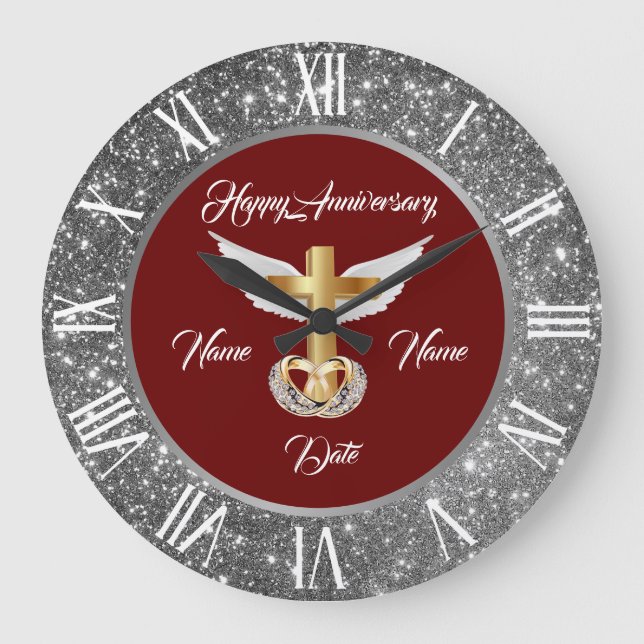 Grande Horloge Ronde Personnaliser mariage Anniversaire de la Croix d'a (Recto)
