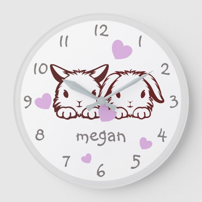 Grande Horloge Ronde Personnalized Bunny Purple Heart Nursery Wall Cloc (Recto)