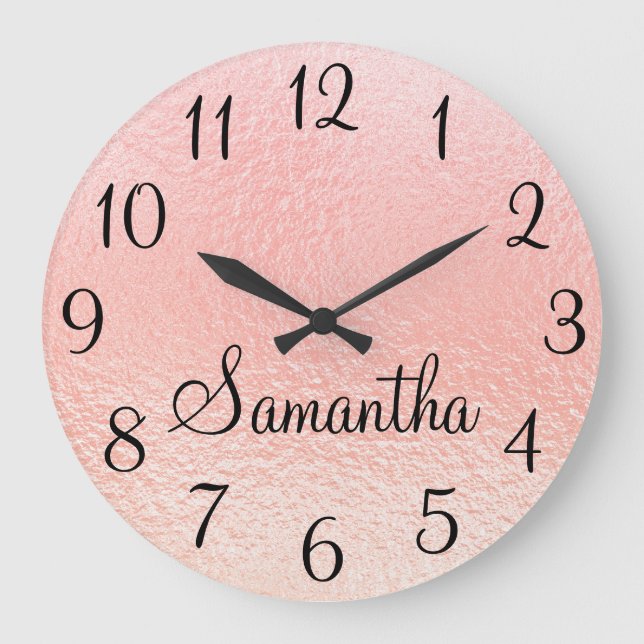 Grande Horloge Ronde Personnalized Girly Faux Pearly Peach Pink Foil (Recto)