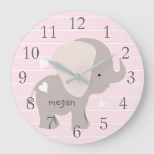 Grande Horloge Ronde Personnalized Rose Grey Elephant Nursery Wall Cloc