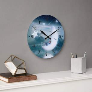 Grande Horloge Ronde Petit Garçon sur la lune nuages étoiles