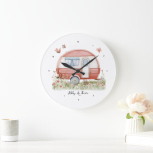 Grande Horloge Ronde Petit Glamper Camper Rose avec Papillons