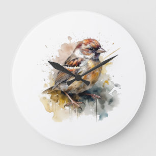 Grande Horloge Ronde petit moineau mignon en aquarelle