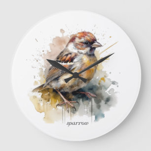 Grande Horloge Ronde petit moineau mignon en aquarelle