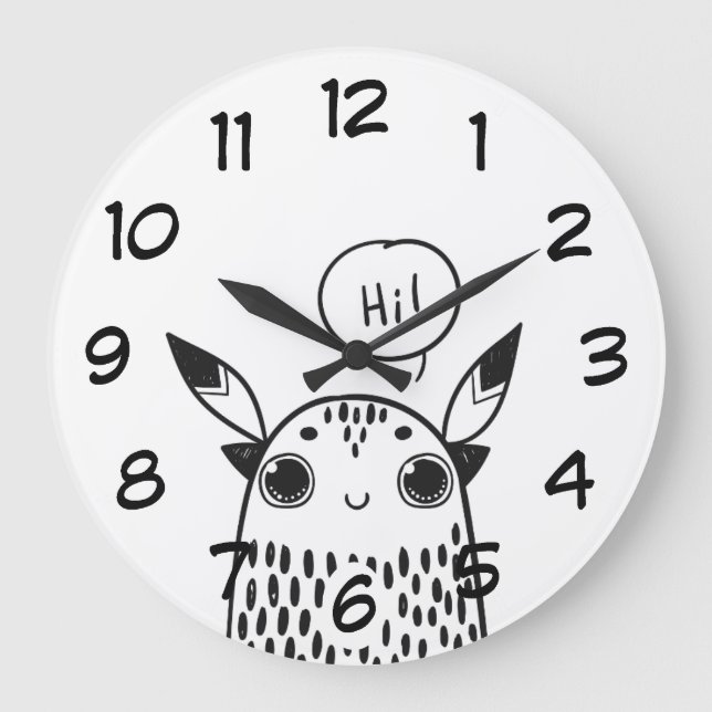 Grande Horloge Ronde Petit Monstre mignon noir et blanc Illustré (Recto)